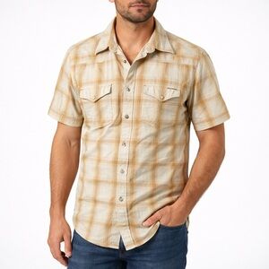 Lucky Brand Tan Plaid Cowboy Snaps Casual Shirt Men's Size M